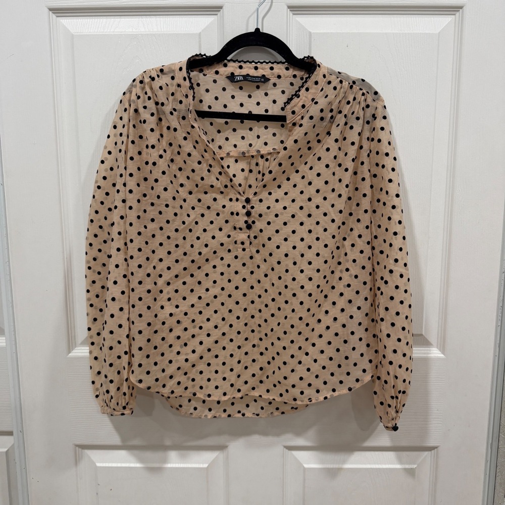 Zara Polka Dot Flocked Blouse Peach Black Lace Trim Medium